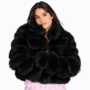 LoveShackFancy Jolly Faux-Fur Jacket Elegant Black Faux Fur Gold Zipper Sz XS